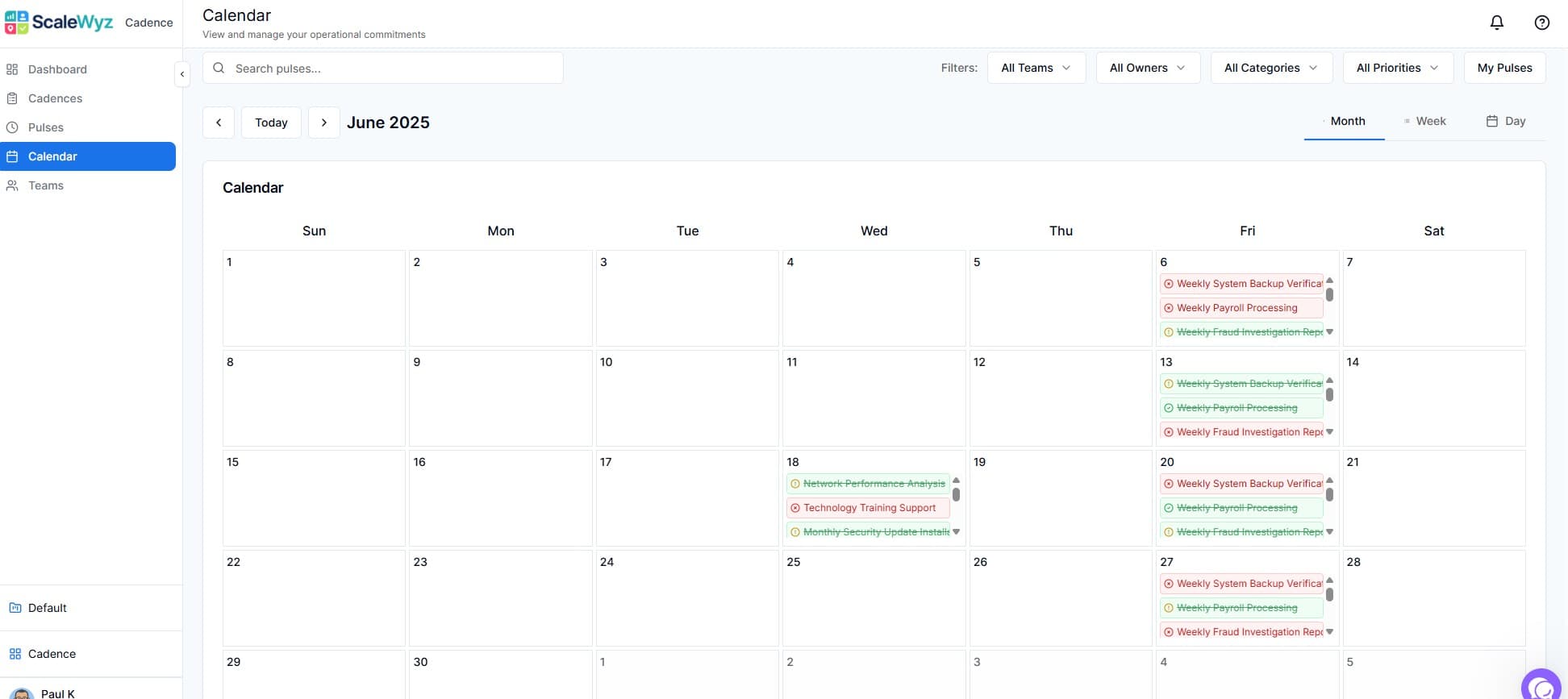 ScaleWyz Cadence calendar view showing green completed pulses and red missed pulses across a month