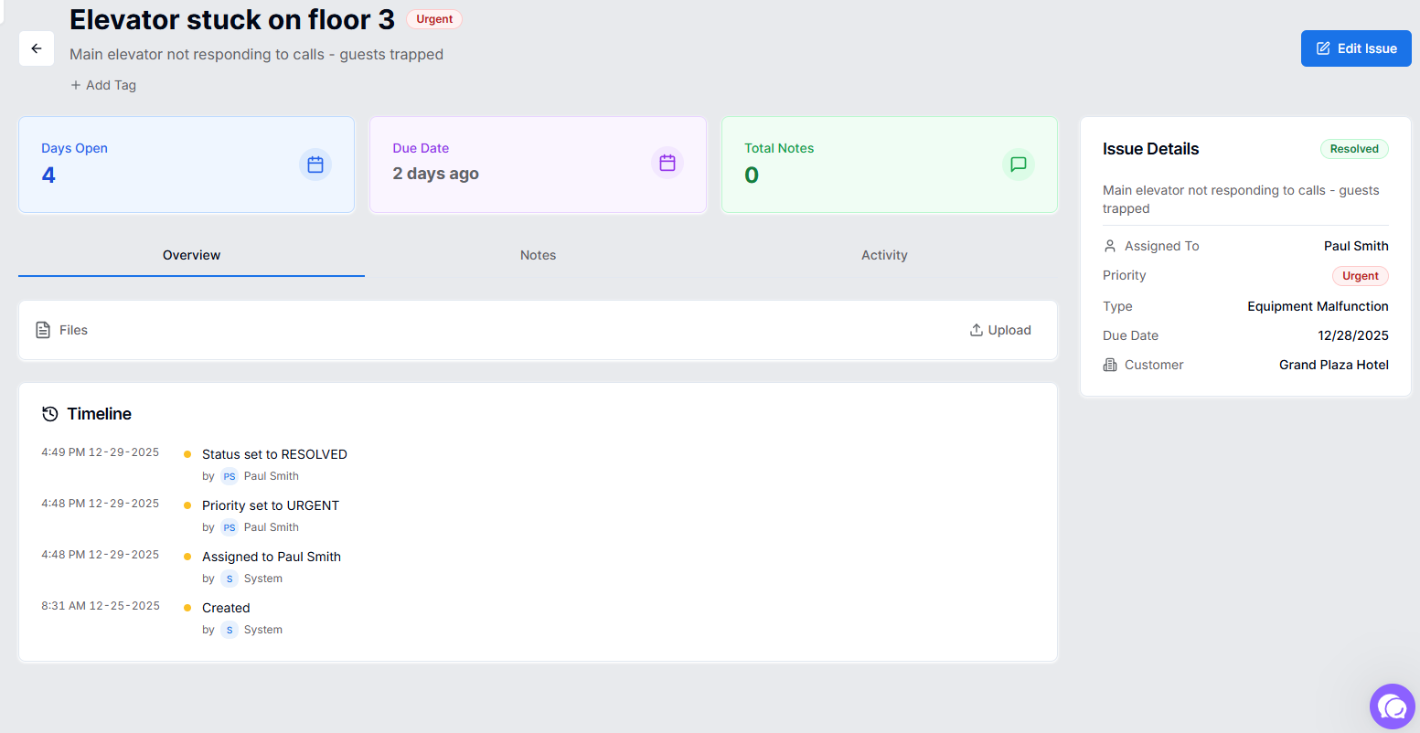 Timeline showing status changes, priority updates, and resolution events