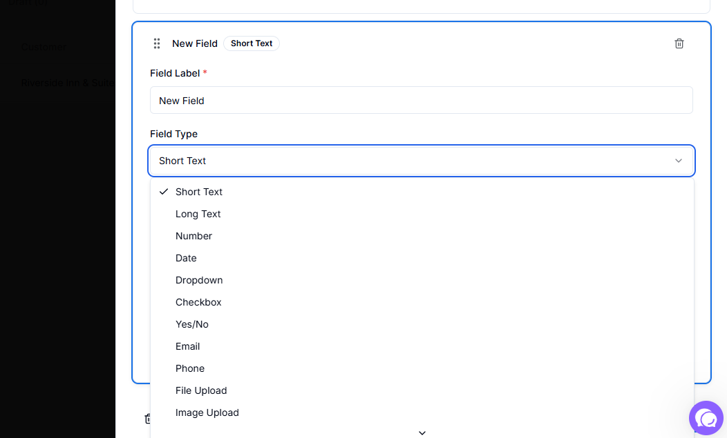Available field types dropdown