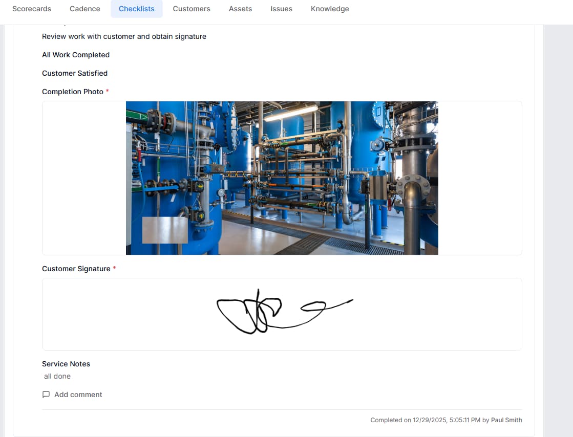 Form with photo evidence and customer signature