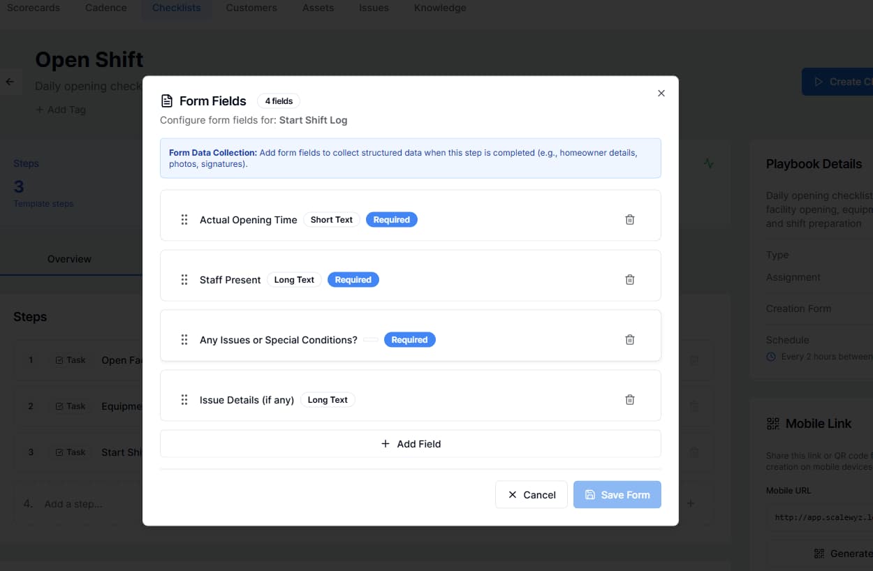 Form fields embedded in playbook step