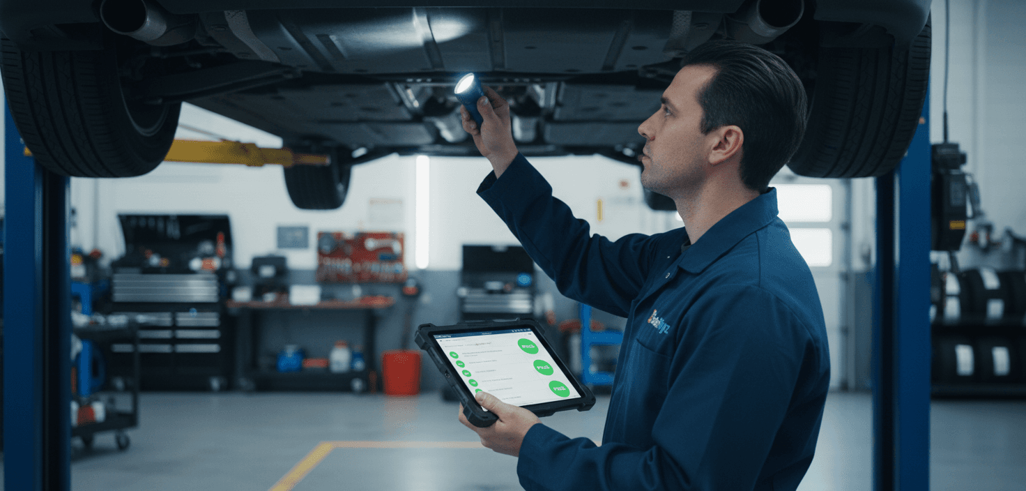 Body shop technician using ScaleWyz quality checklist on tablet