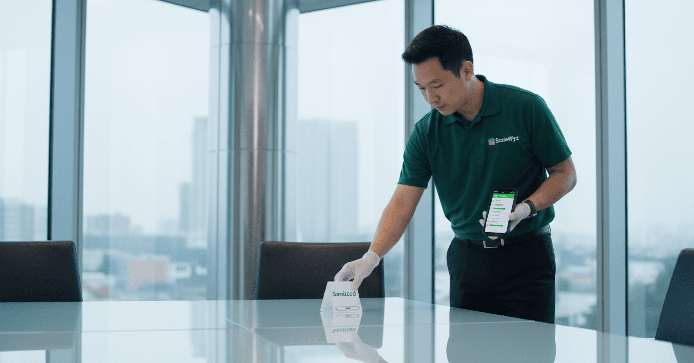 Commercial cleaning crew using ScaleWyz quality checklist on mobile device