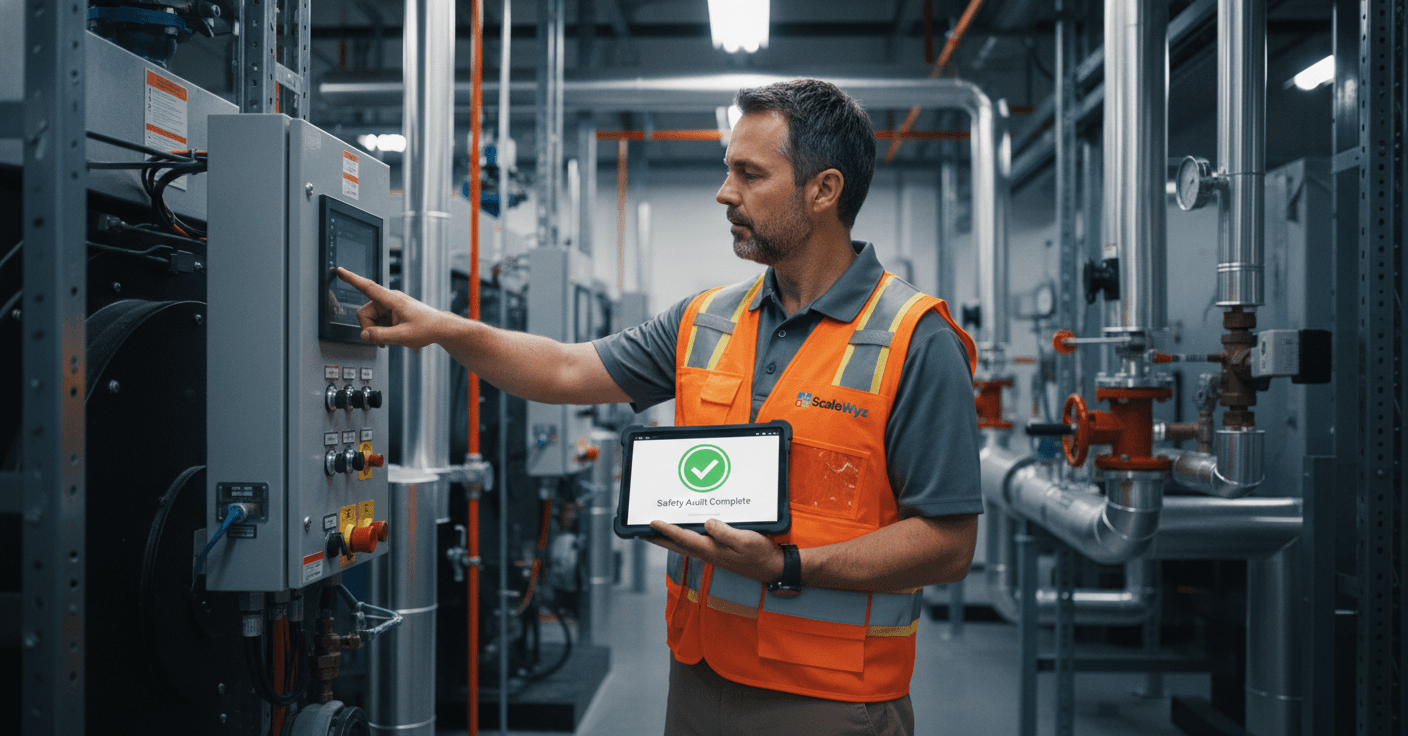 Facilities technician using ScaleWyz inspection checklist on tablet