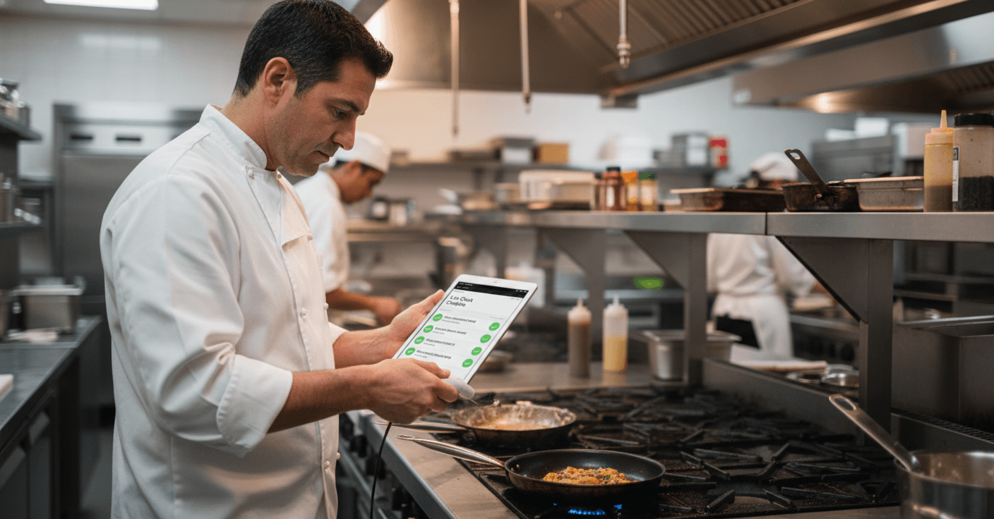 Restaurant staff using ScaleWyz food safety checklist on tablet