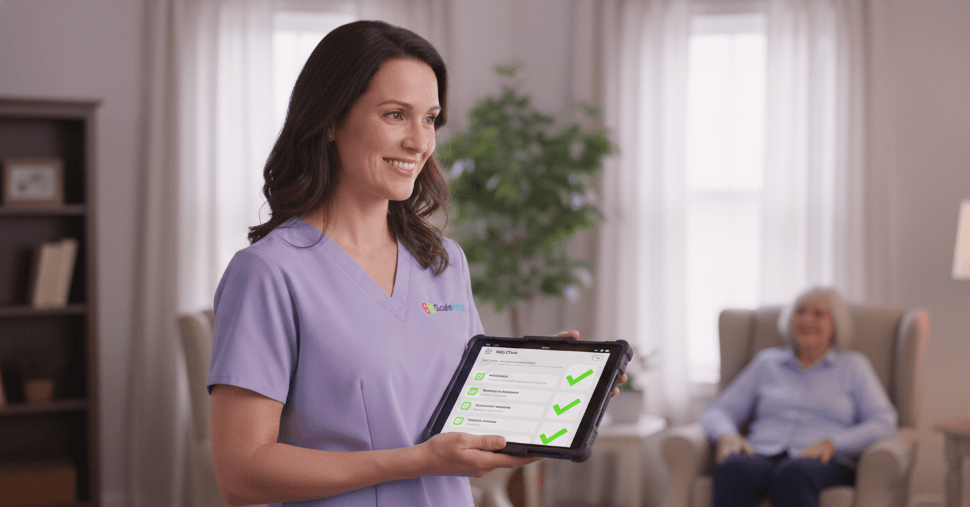 Caregiver using ScaleWyz care checklist on tablet with senior resident