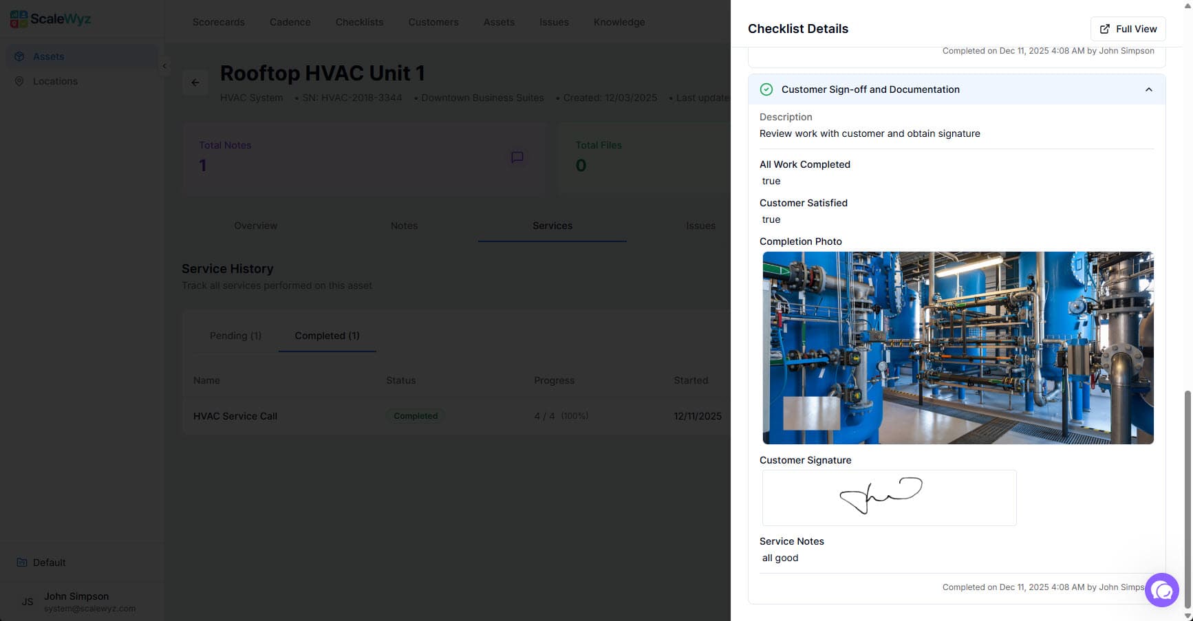 Completed Service - View detailed checklist execution data