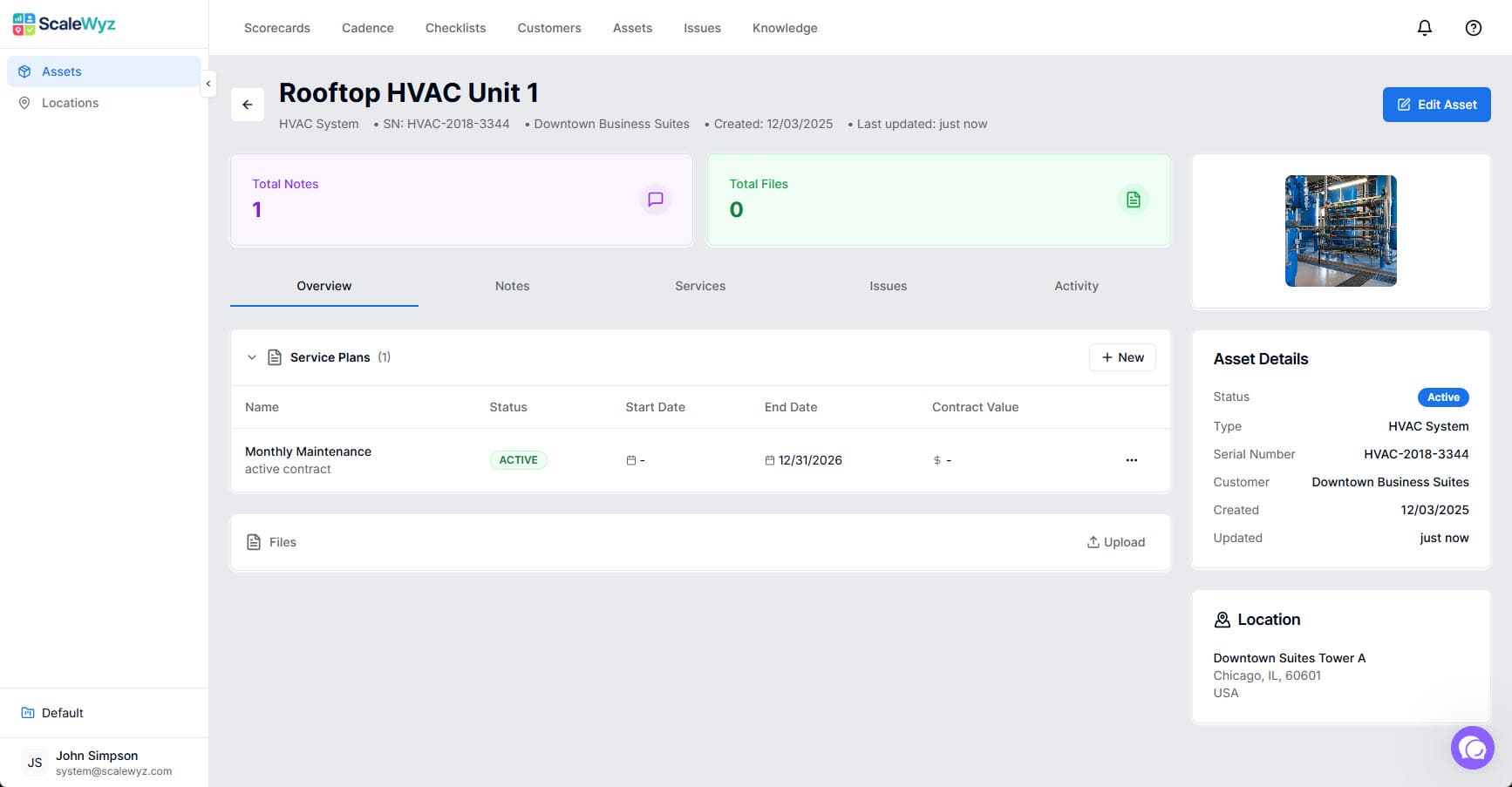 Asset Overview - Detailed asset profile with identification fields, location, and files