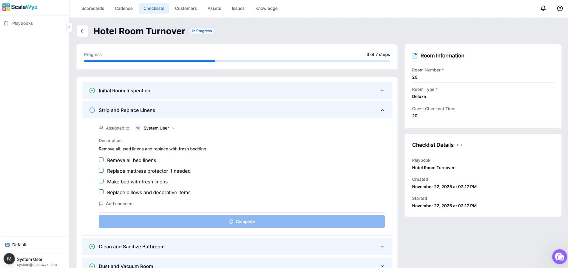 Checklist Execution - Hotel Room Turnover in progress with steps and room information