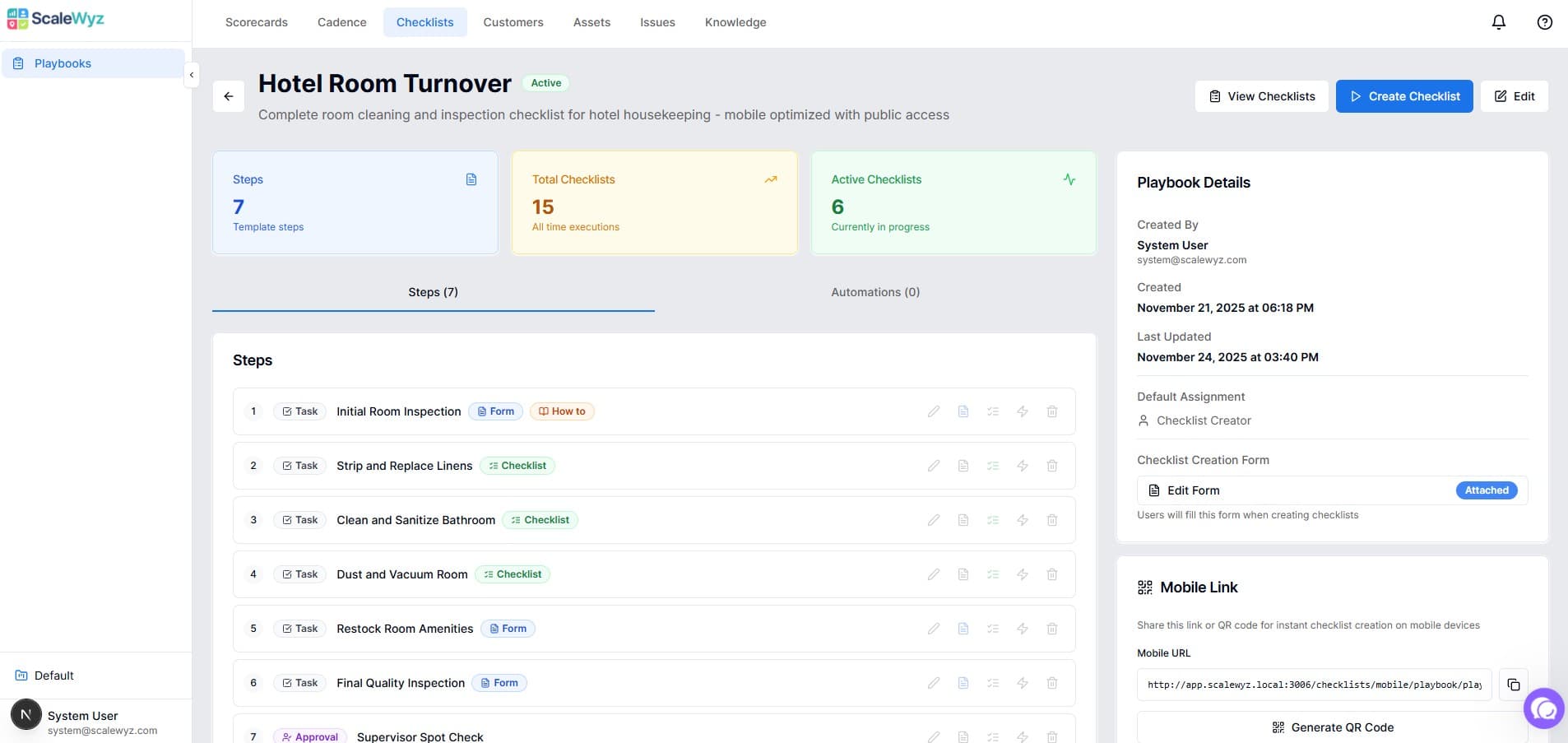 Playbook Templates - Hotel Room Turnover template with 7 steps, statistics, and mobile QR code
