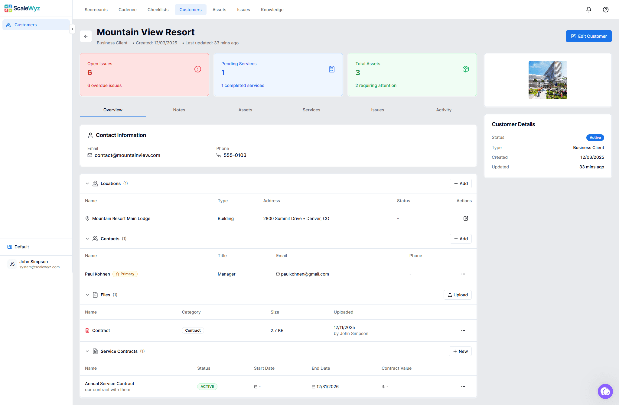 Customer Overview - Detailed customer profile with locations, contacts, and service contracts