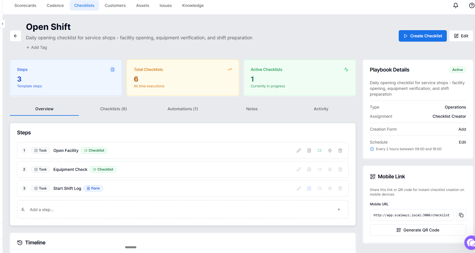 Playbook template editor showing opening shift steps