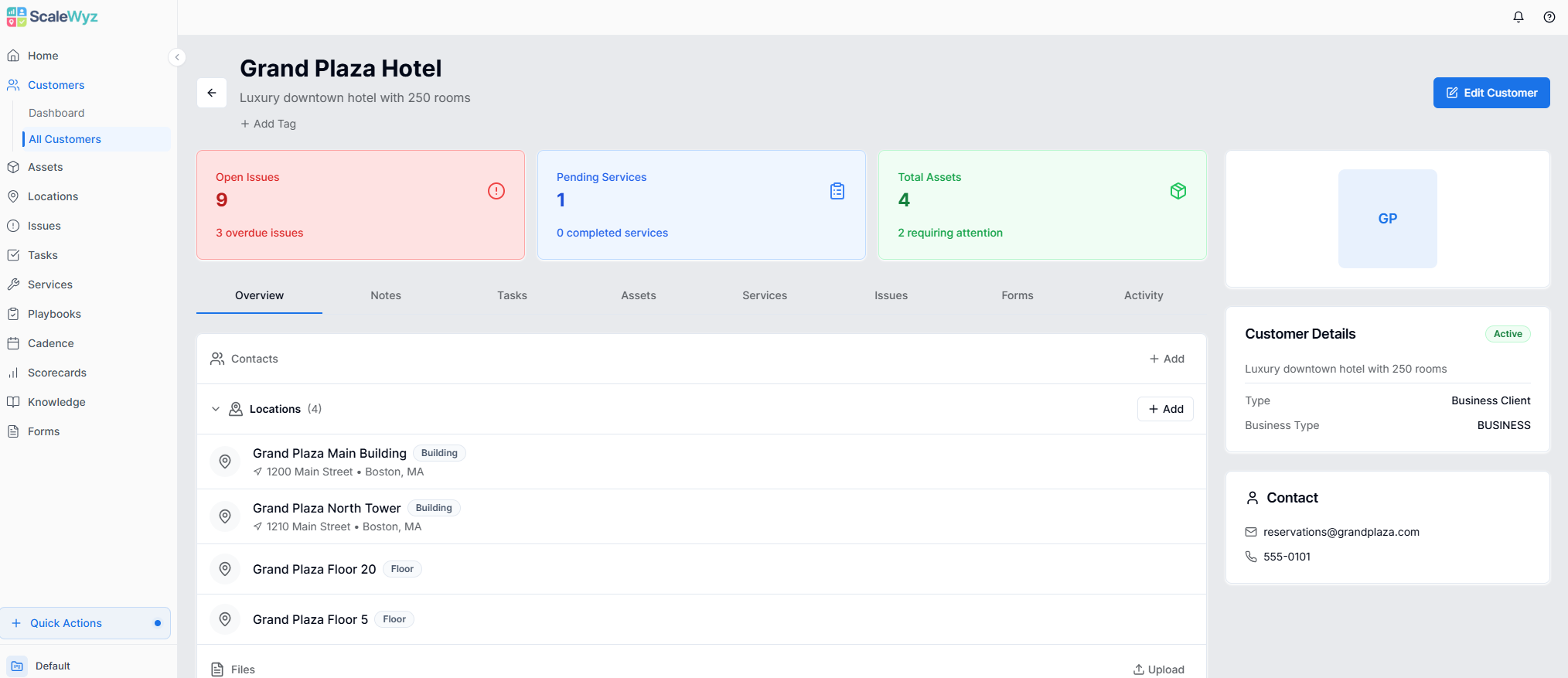 Customer record showing Grand Plaza Hotel with locations, contacts, and service history