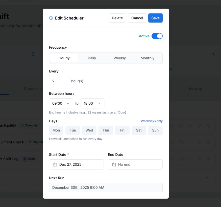 Scheduler configuration dialog with frequency options