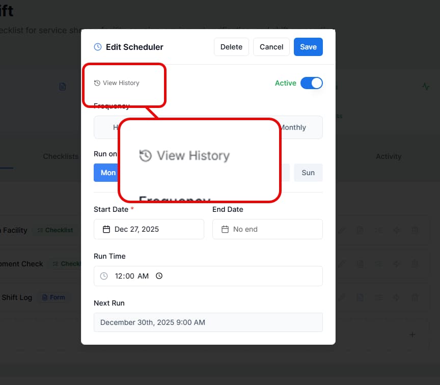 Scheduler execution history for validation and compliance