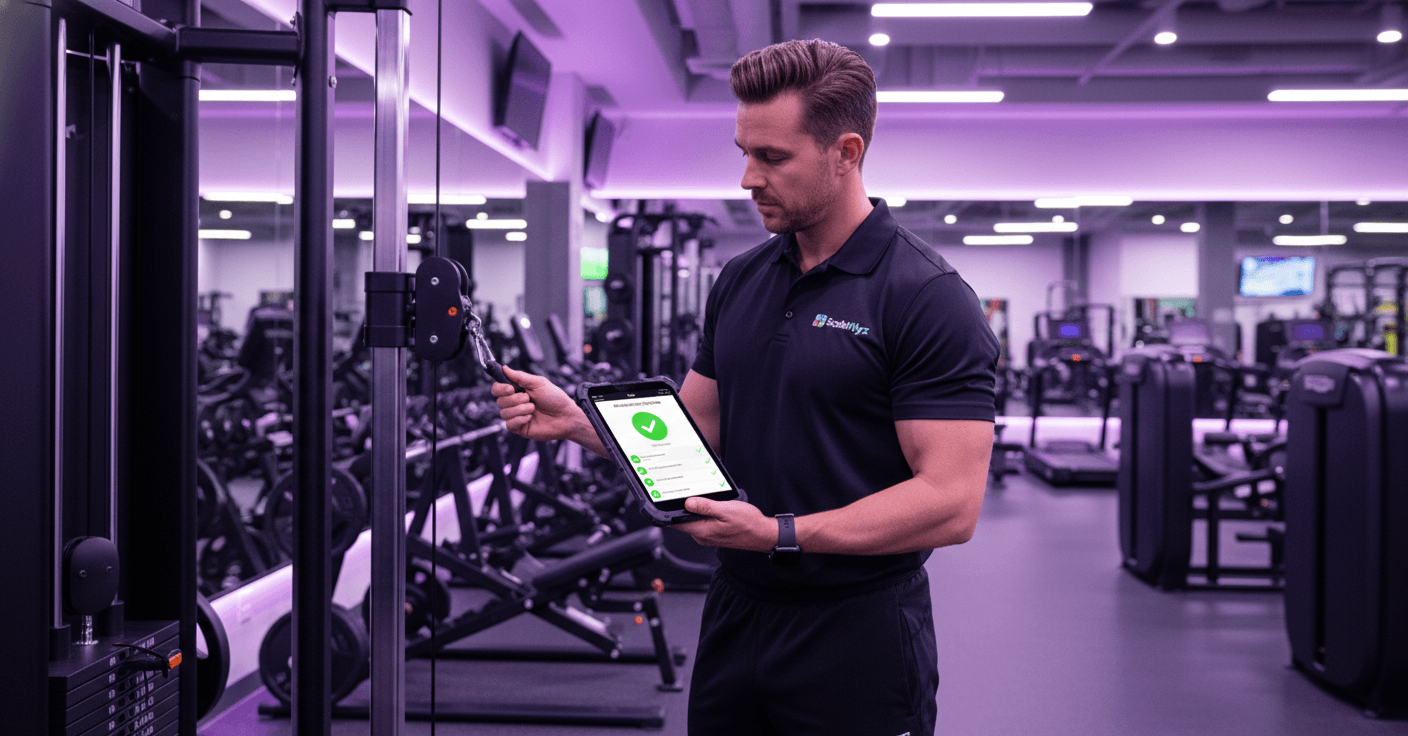 Gym staff using ScaleWyz facility checklist on tablet