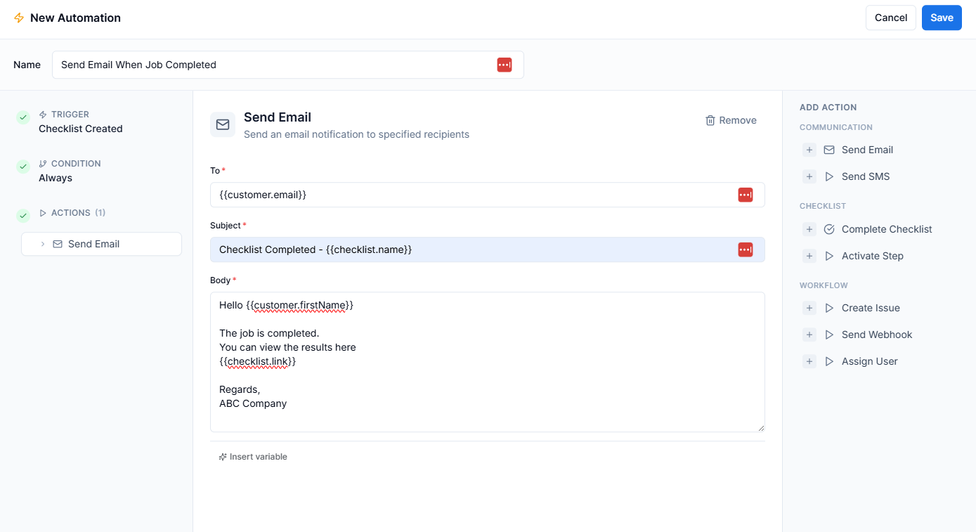 Automation action setup