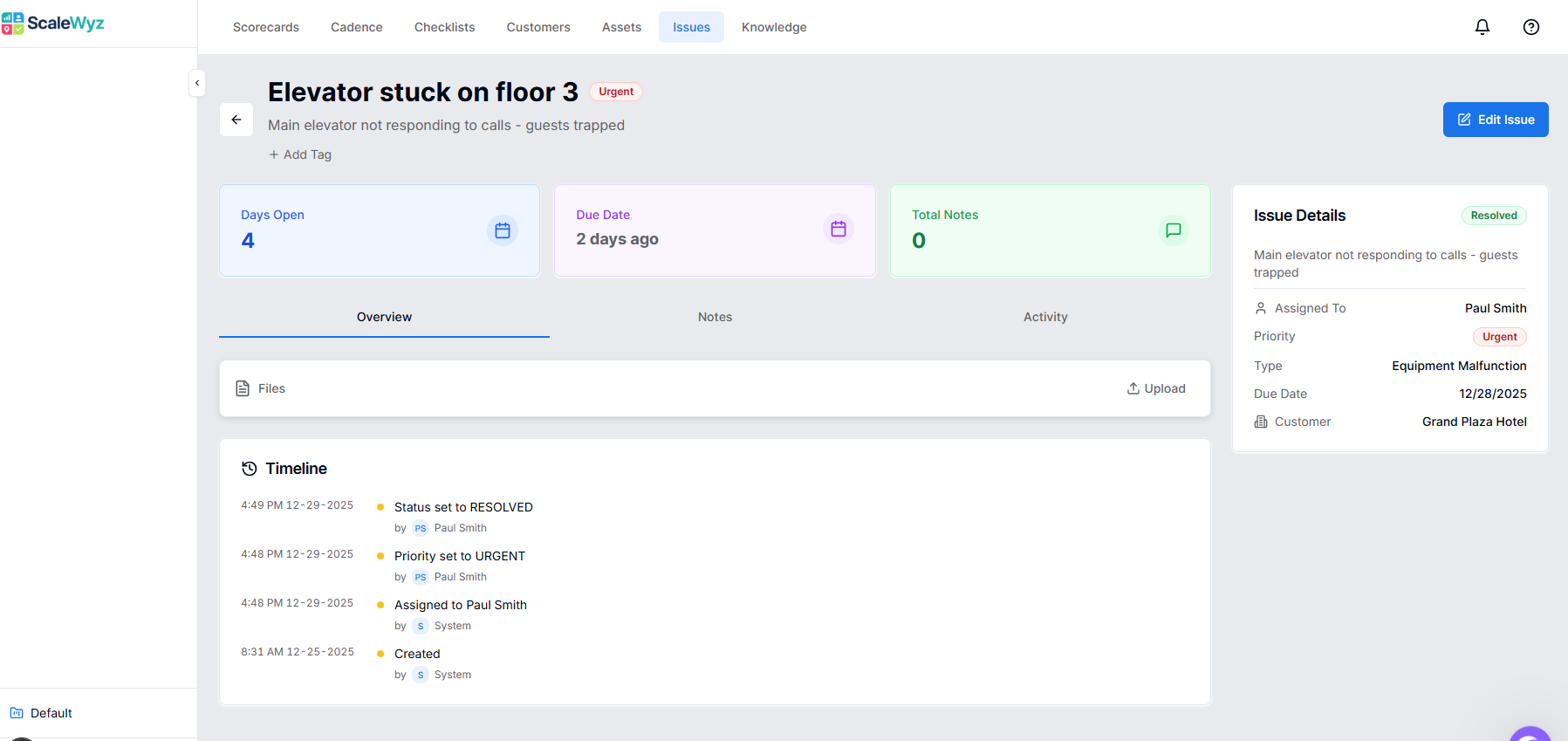 Issue detail page with notes and activity