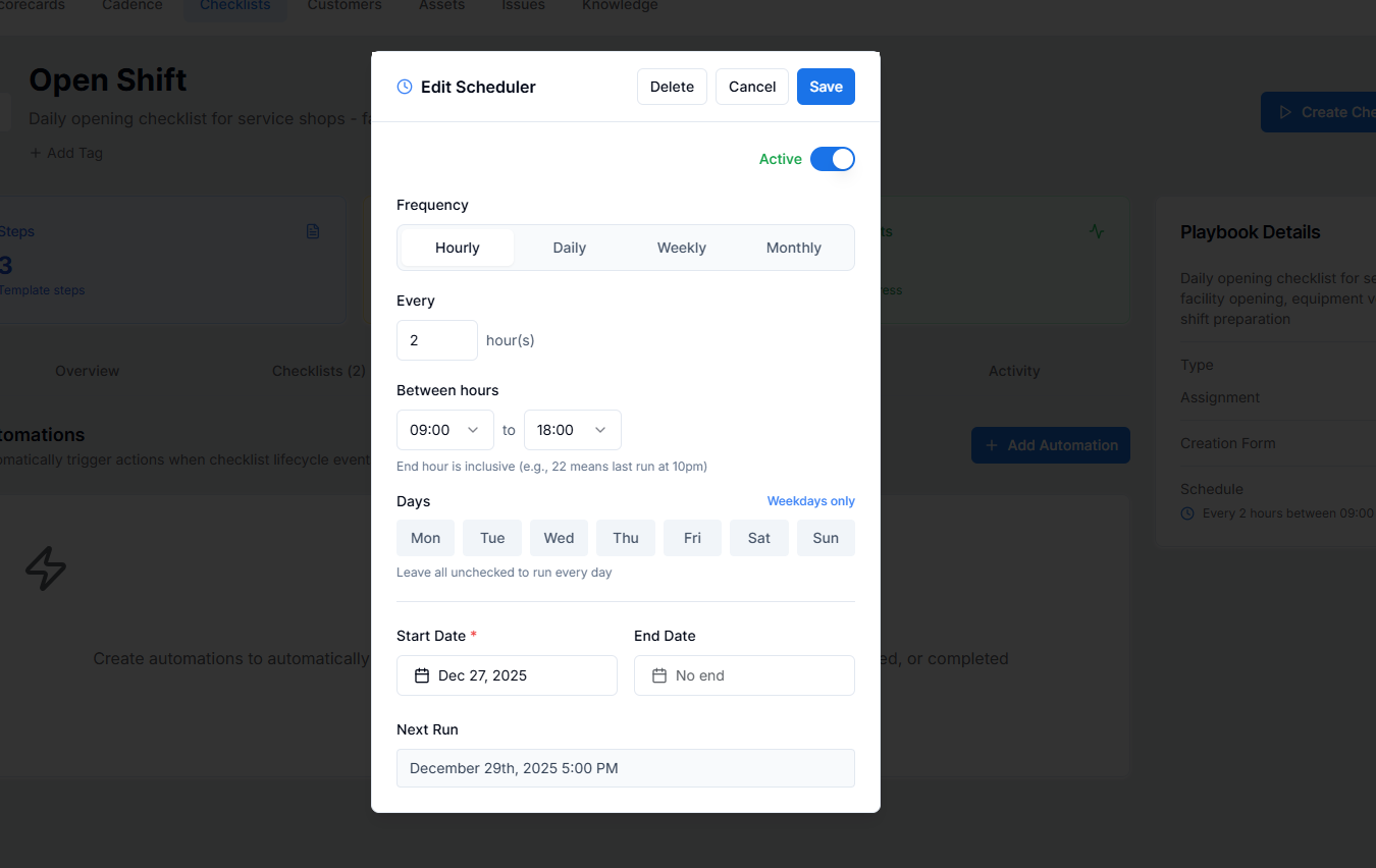 Advanced scheduling dialog with daily, weekly, monthly, and hourly options
