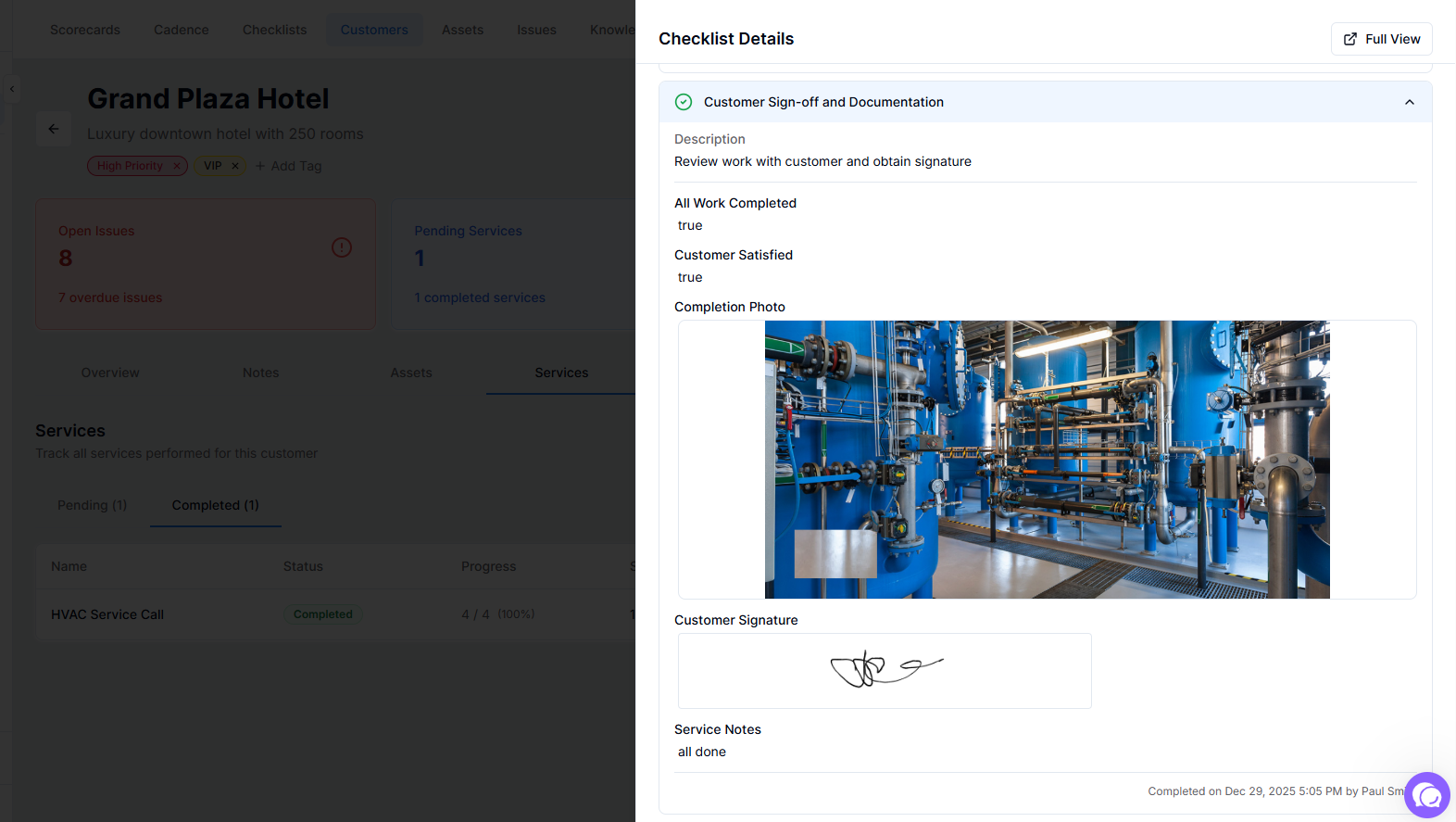 Service detail view with checklist progress