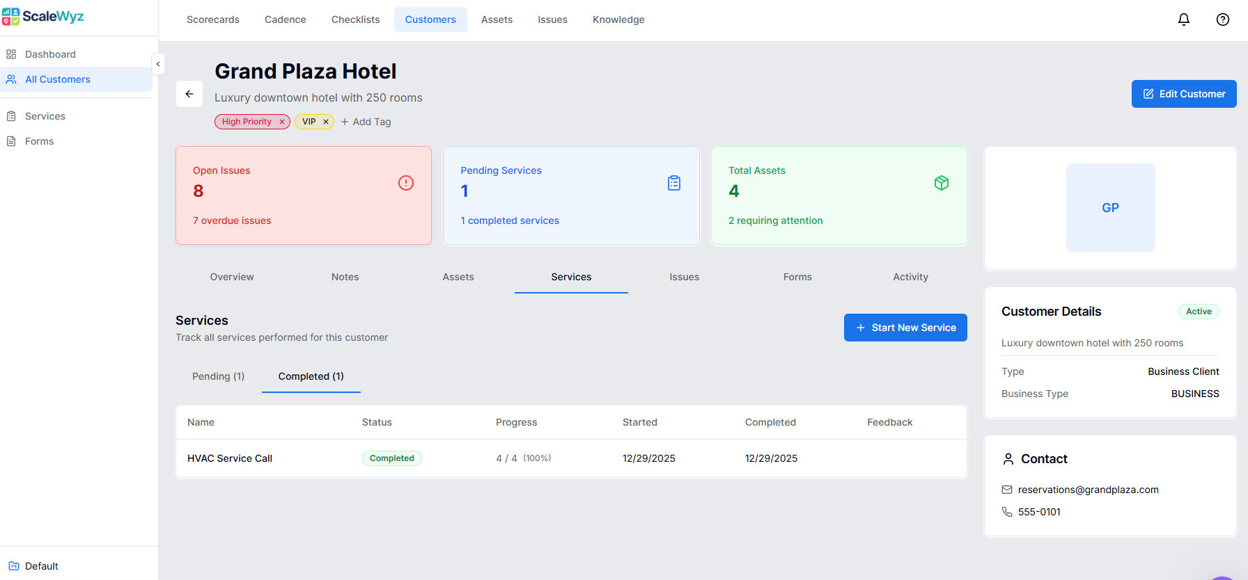 Customer services tab showing pending and completed work